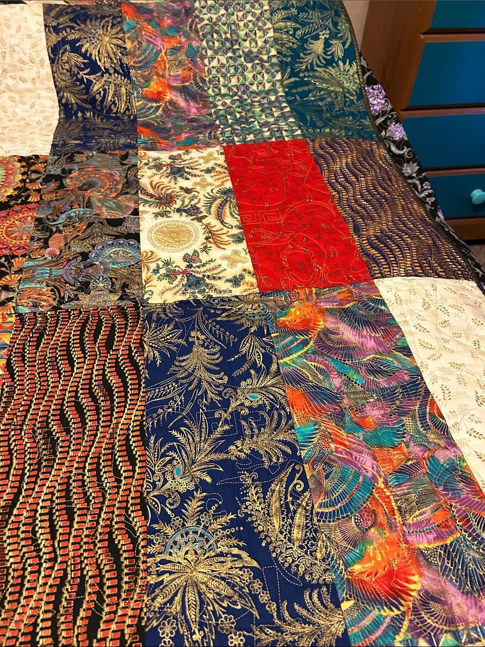 ONE OF A KIND- HANDCRAFTED Quilt W/Pharaoh Stiches, Multicolor Metallic